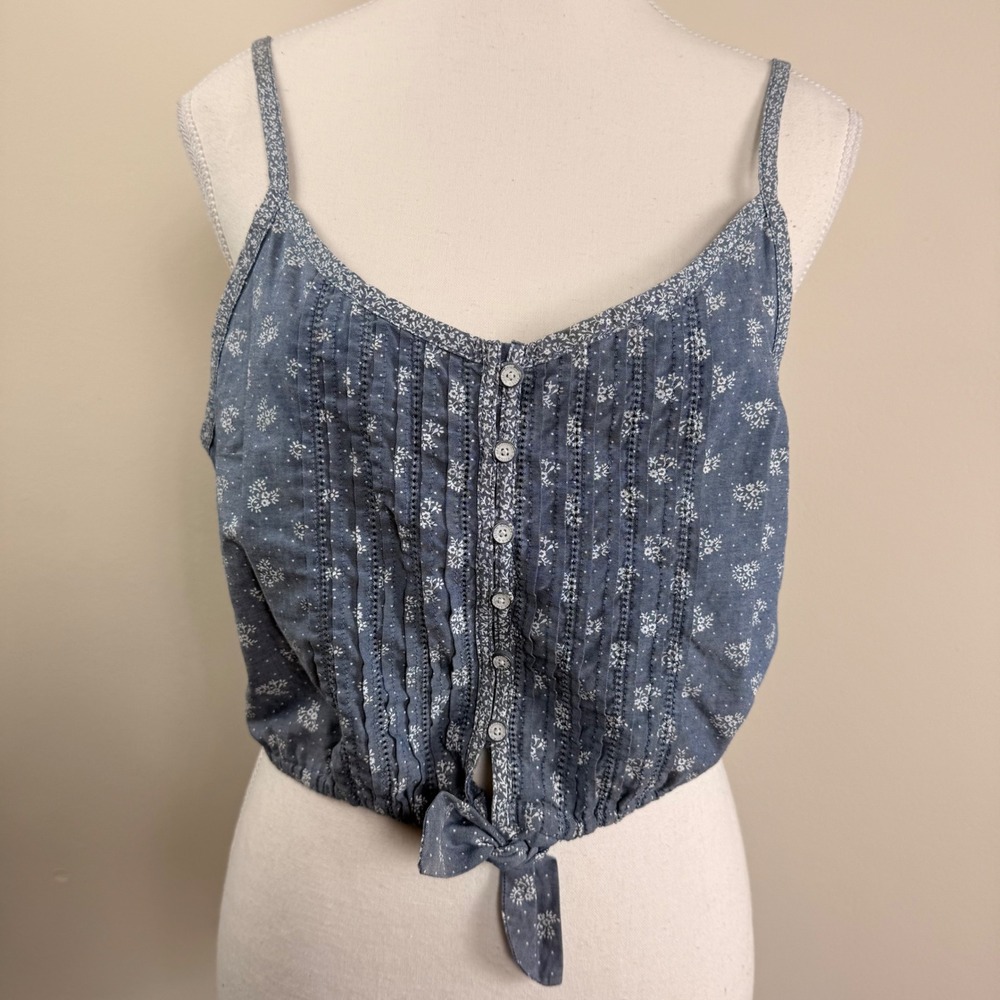 VTG. Abercrombie Fitch Blue Floral Button Front Tie Crop Top Cami Womens Medium